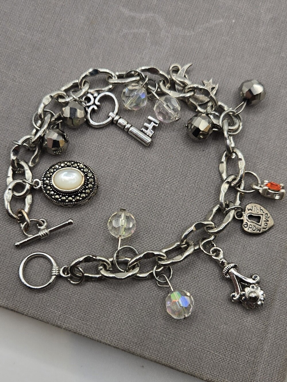 Vintage silver Chunky Charm Bracelet Skeleton Key Heart Moon Star Crystals 8"